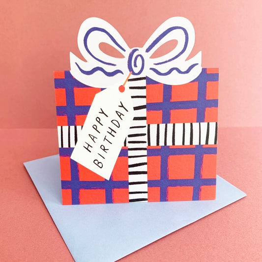 Birthday Bow Shaped Card - Red & Blue Gingham - THE BRISTOL ARTISAN