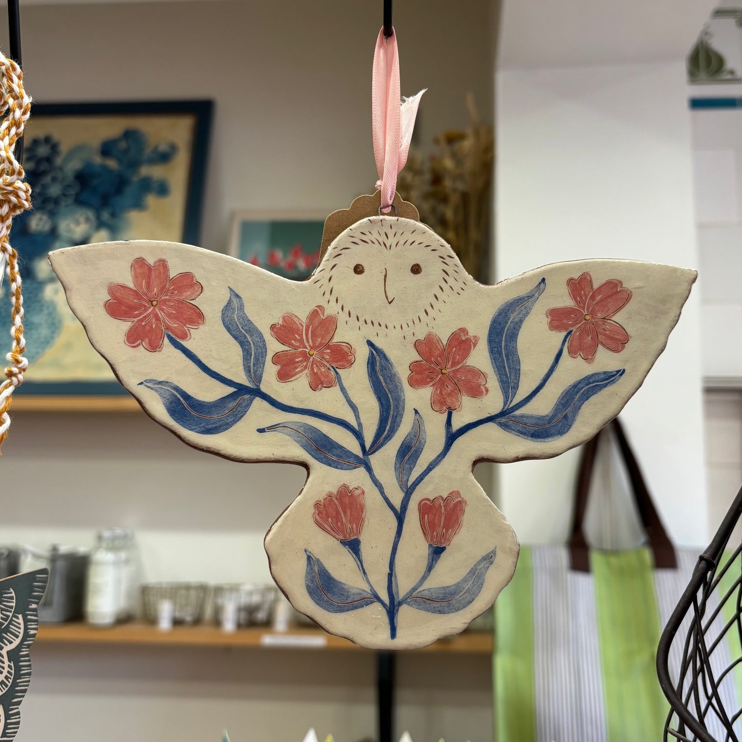 Hanging Ceramic Tile - Owl with Pink Flowers, Eyes Open