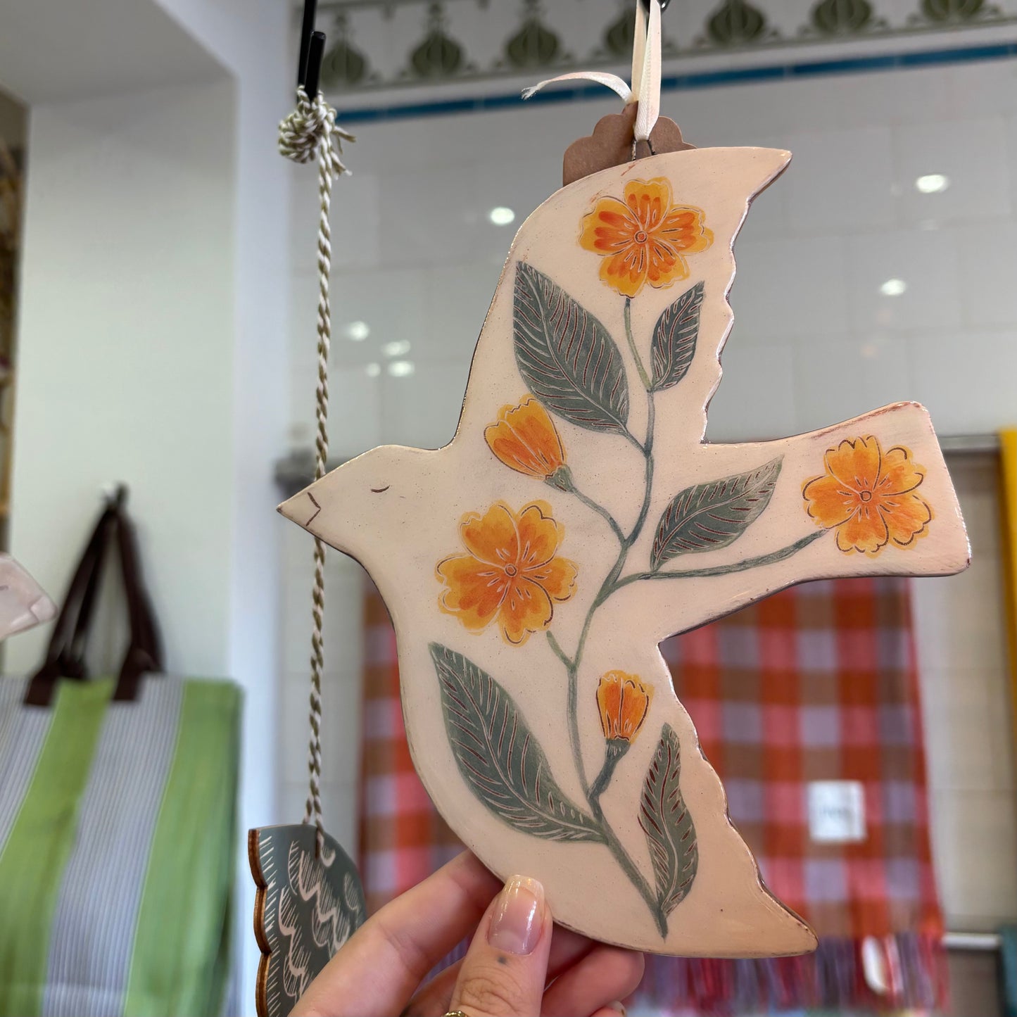 Hanging Ceramic Tile - Bird with Yellow Flowers