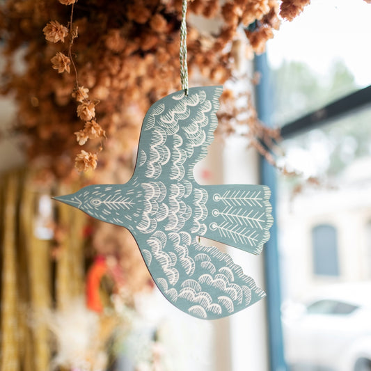 Hanging linocut Blackbird - Green - The Bristol Artisan Handmade Sustainable Gifts and Homewares.