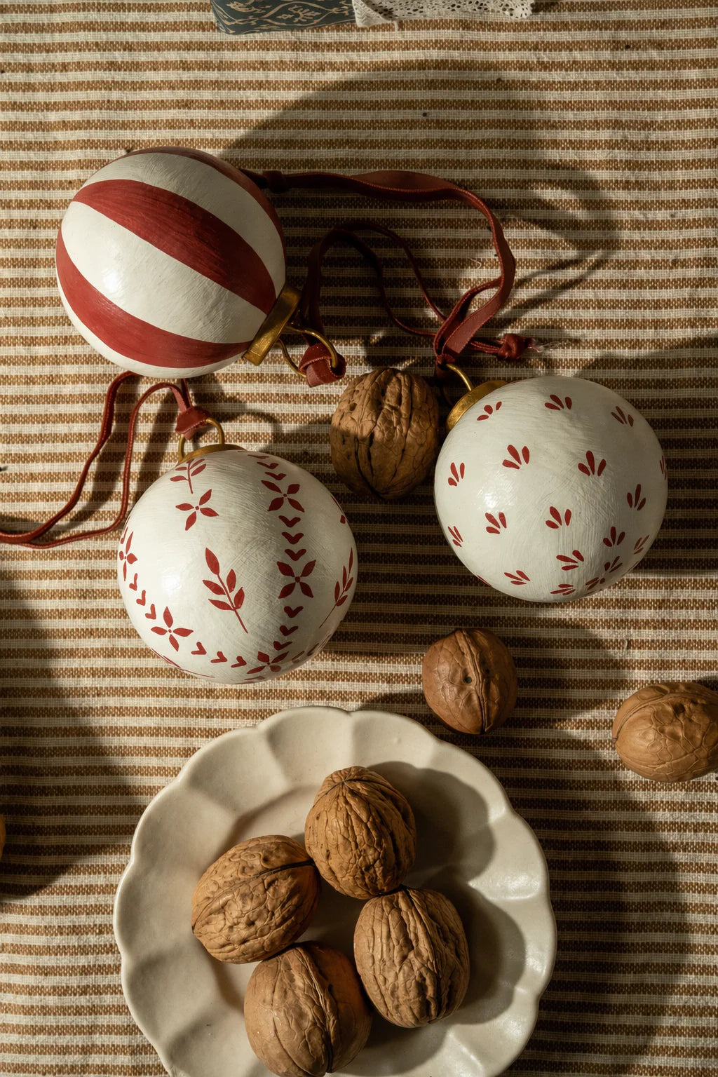 Hand Painted Baubles with Velvet Ribbon, Berry - Set of 3 - THE BRISTOL ARTISAN