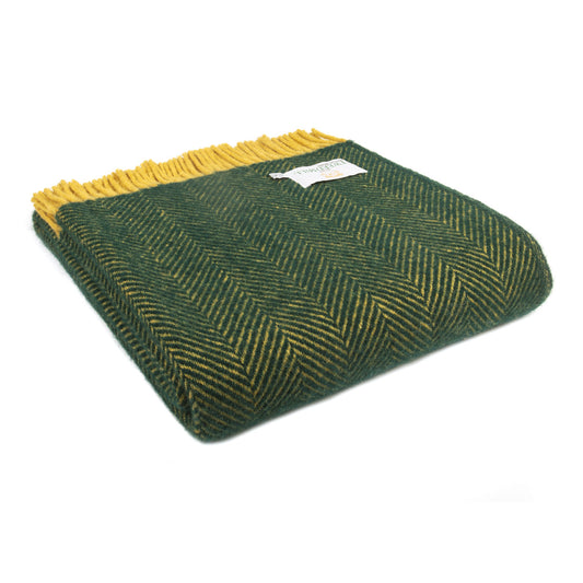 Herringbone Emerald & Mustard Wool Blanket with Fringe - THE BRISTOL ARTISAN
