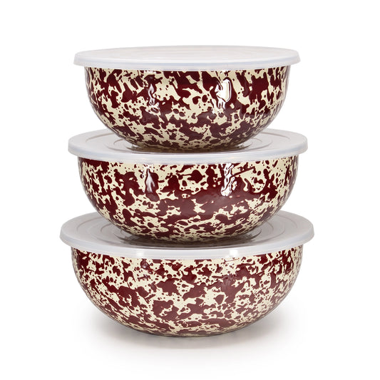 Burgundy Splatter Enamel Multipurpose Bowls - Set of 3 - THE BRISTOL ARTISAN