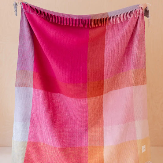 Recycled Wool Blanket in Pink Waffle Block Check - THE BRISTOL ARTISAN