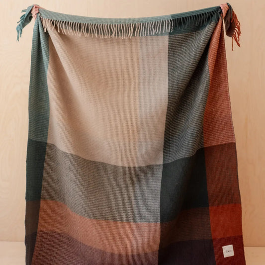 Recycled Wool Blanket in Green Waffle Block Check - THE BRISTOL ARTISAN