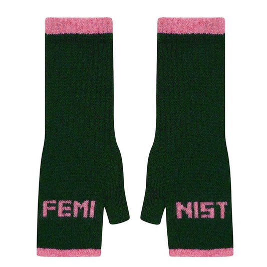 Feminist Fingerless Mittens - Forest Green & French Rose - THE BRISTOL ARTISAN