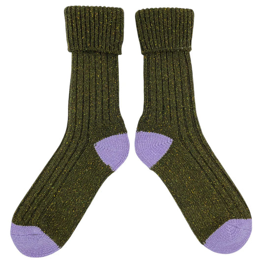 Unisex Recycled Silk Blend Ribbed Socks - Dark Green & Lilac - 8-11 - THE BRISTOL ARTISAN