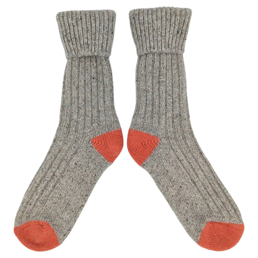 Unisex Recycled Silk Blend Ribbed Socks - Grey & Orange - 8-11 - THE BRISTOL ARTISAN