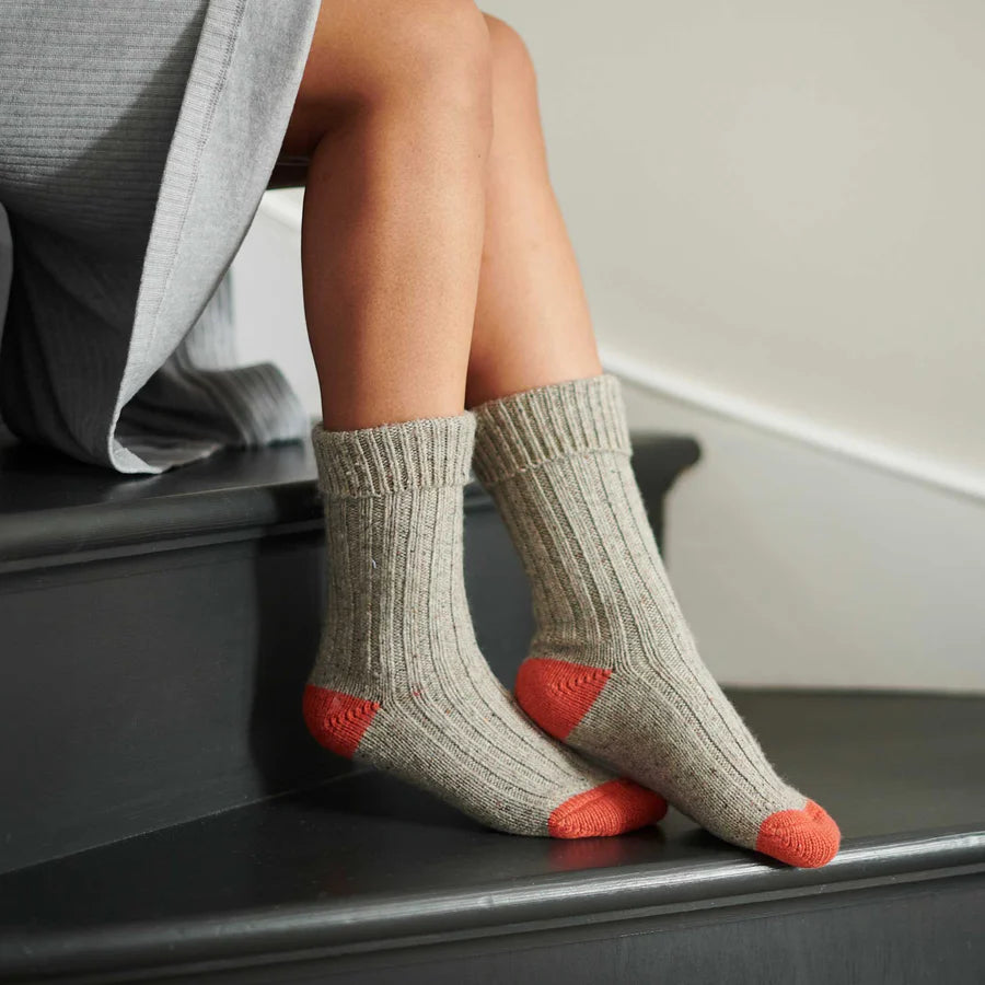 Unisex Recycled Silk Blend Ribbed Socks - Grey & Orange - 8-11 - THE BRISTOL ARTISAN