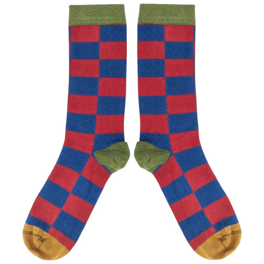 Organic Cotton Crew Socks - Navy/Red Check - UK 8-11