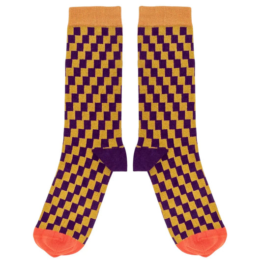 Organic Cotton Crew Socks - Aubergine/Mustard Check - UK 8-11