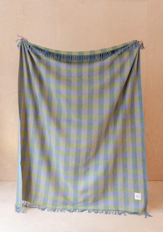 Recycled Wool Blanket in Green and Blue Gingham