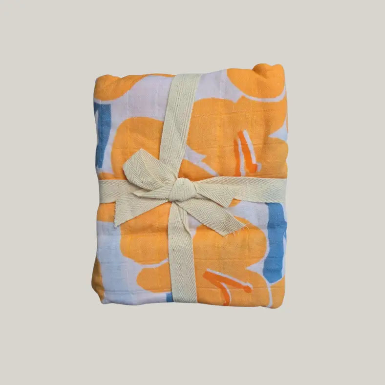Large Organic Cotton Muslin Blanket - Yellow Flowers - THE BRISTOL ARTISAN