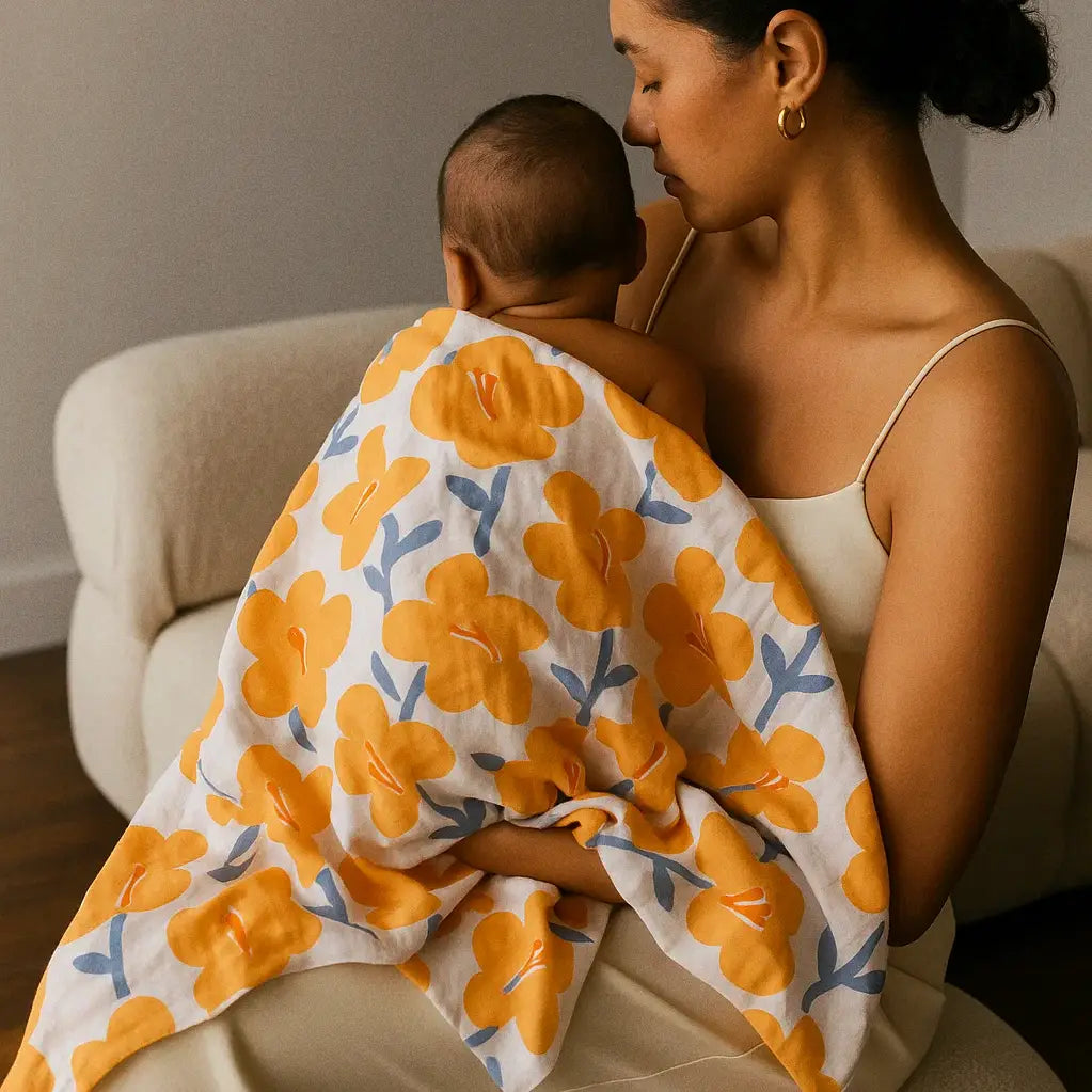 Large Organic Cotton Muslin Blanket - Yellow Flowers - THE BRISTOL ARTISAN