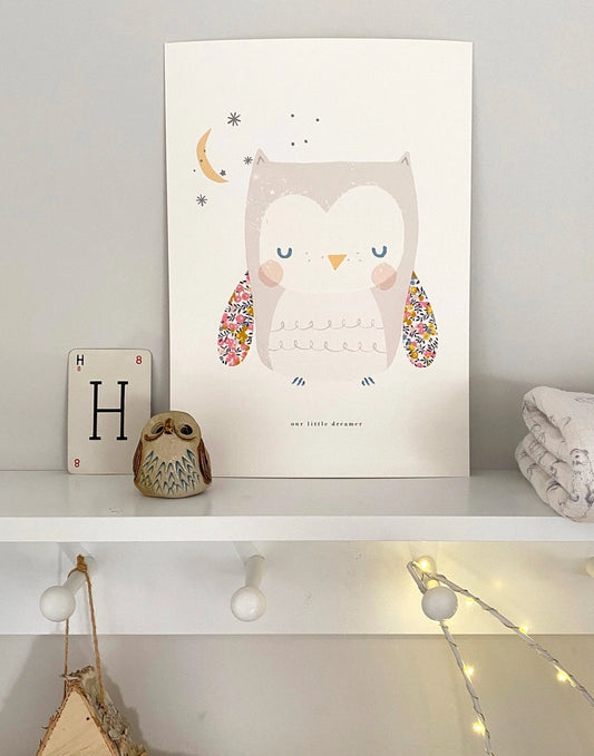 Owl Nursery Art A3 - Made with Liberty Fabric - THE BRISTOL ARTISAN