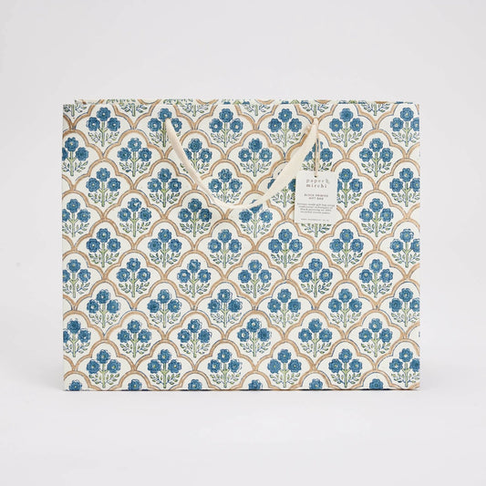 Hand Block Printed Large Gift Bag - Trellis Indigo - THE BRISTOL ARTISAN
