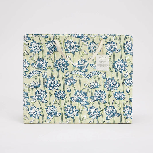 Hand Block Printed Large Gift Bag - Lotus Indigo - THE BRISTOL ARTISAN