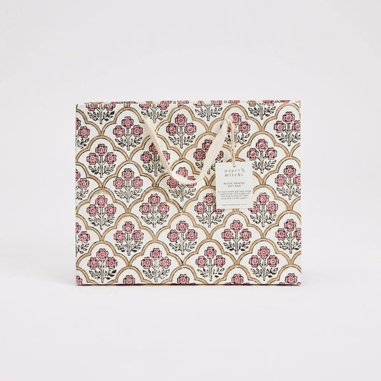 Hand Block Printed Medium Gift Bag - Trellis Pink Earth - THE BRISTOL ARTISAN