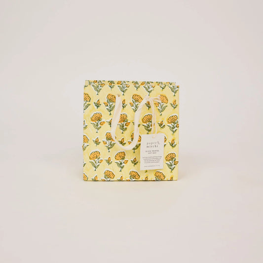 Hand Block Printed Small Gift Bag - Ditsy Floral Sunshine - THE BRISTOL ARTISAN