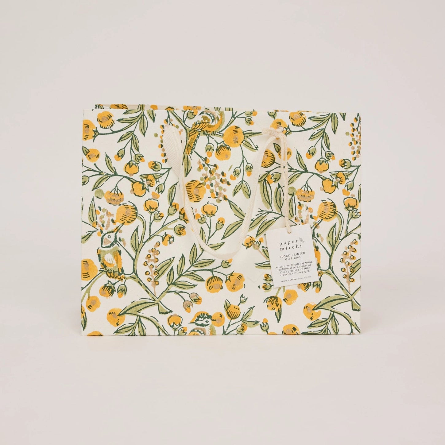 Hand Block Printed Medium Gift Bag - Songbirds Sunshine - THE BRISTOL ARTISAN