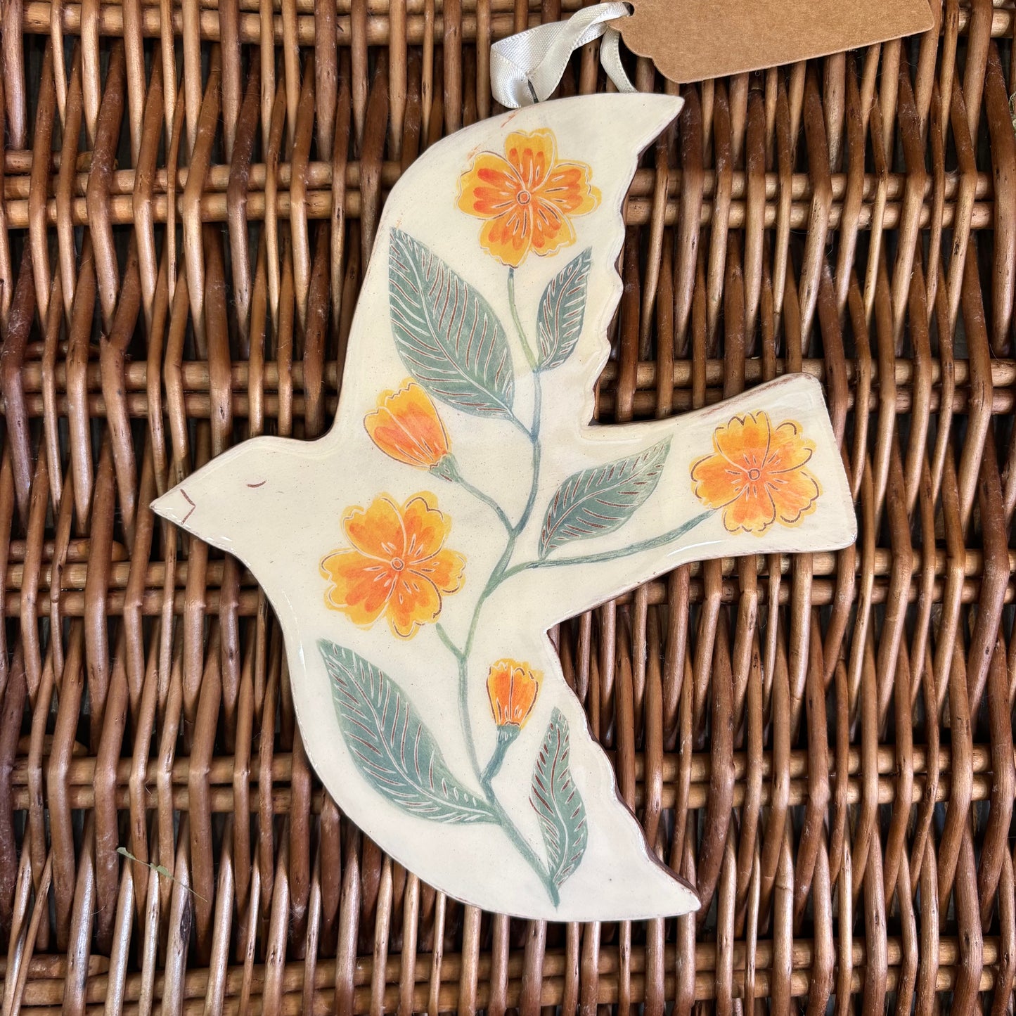 Hanging Ceramic Tile - Bird with Yellow Flowers