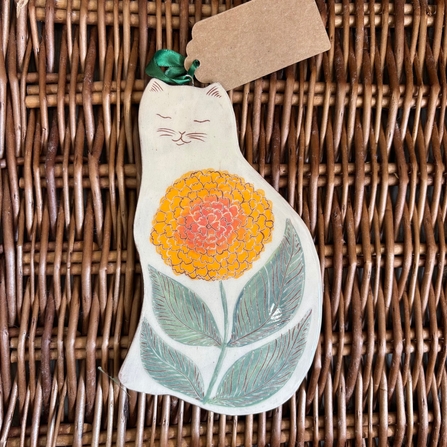 Hanging Ceramic Tile - Cat with Marigold