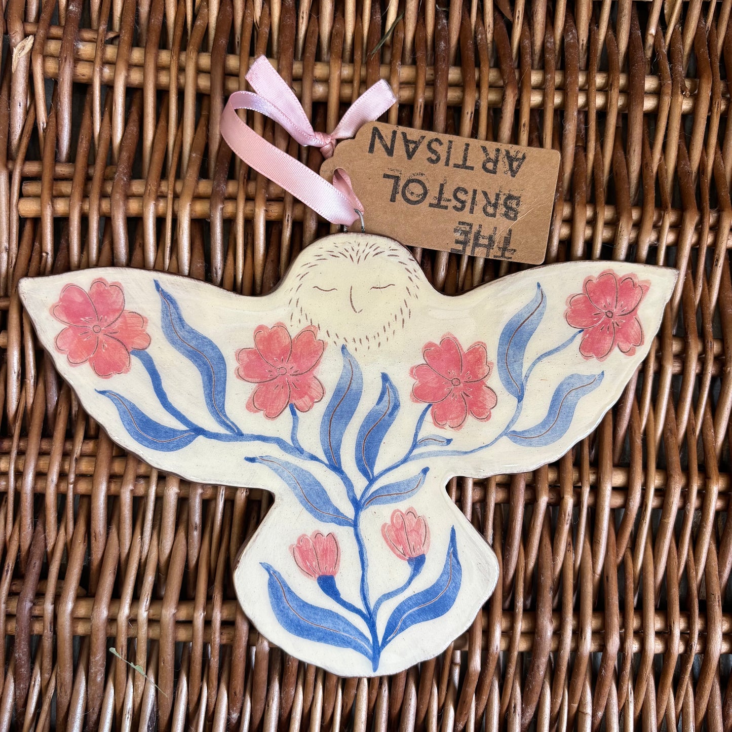Hanging Ceramic Tile - Owl with Pink Flowers, Eyes Closed
