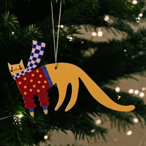 Wooden Yellow Cat Christmas tree hanging decoration