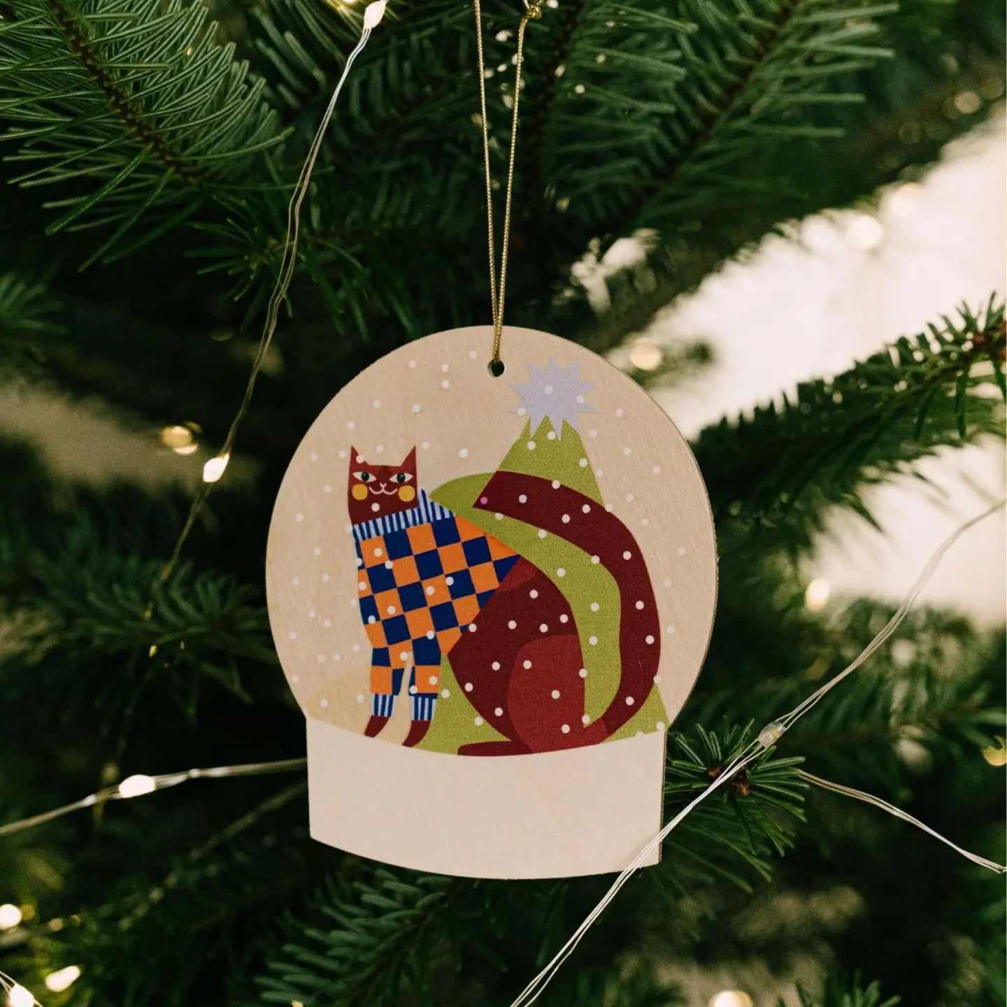Wooden Cat in Snow Christmas tree hanging decoration