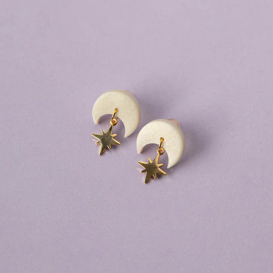 Celestial Gold Star Stud Earrings in Pearly White - THE BRISTOL ARTISAN