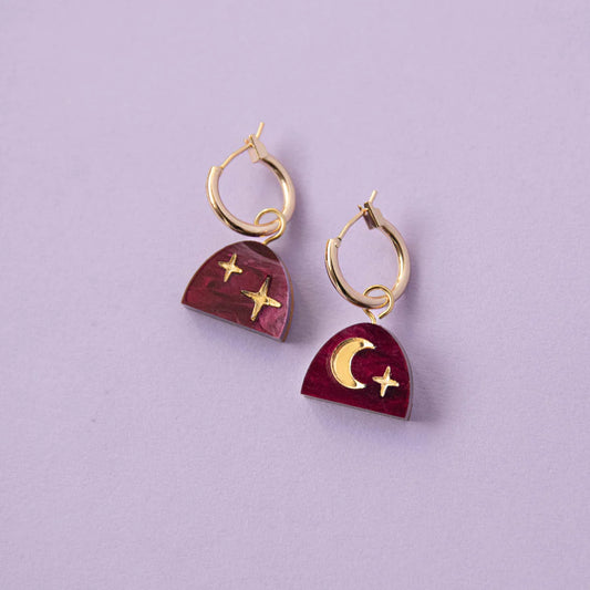 Mini Moon Rising Arc Hoops in Merlot Red Marble & Gold - THE BRISTOL ARTISAN