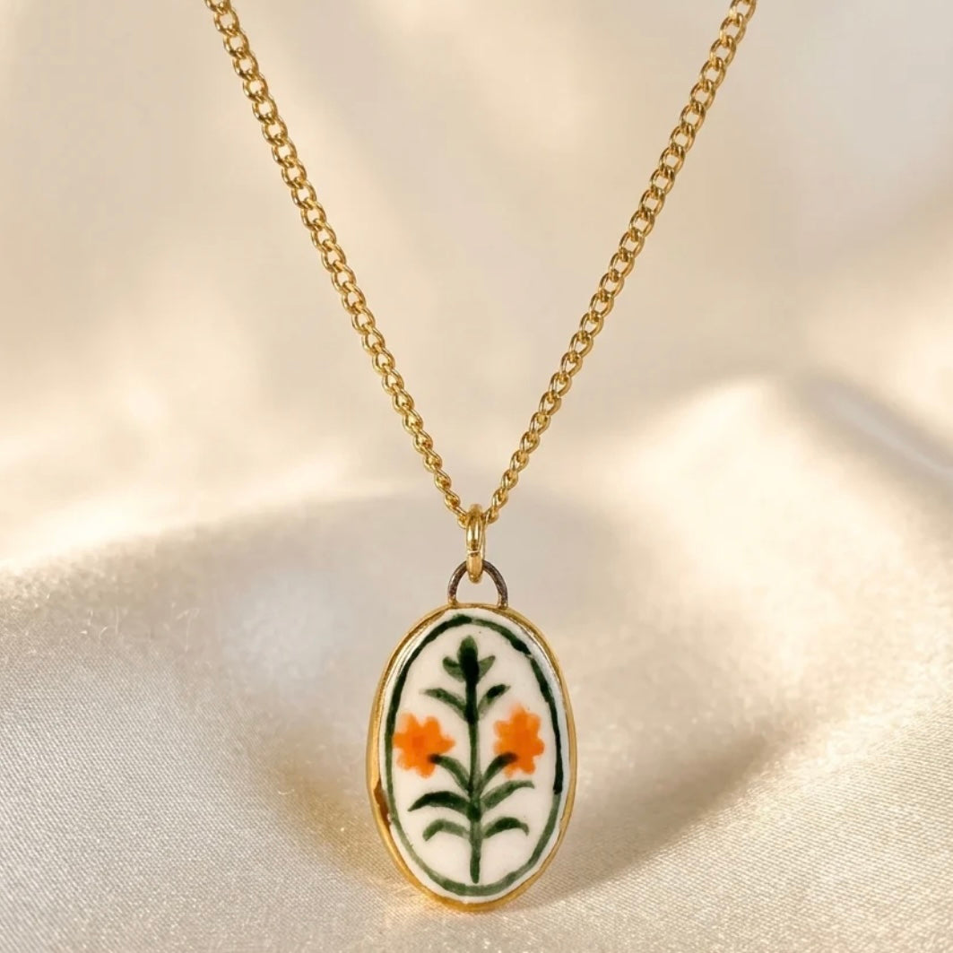 Orange Flower with Border Ceramic Pendant Necklace - THE BRISTOL ARTISAN