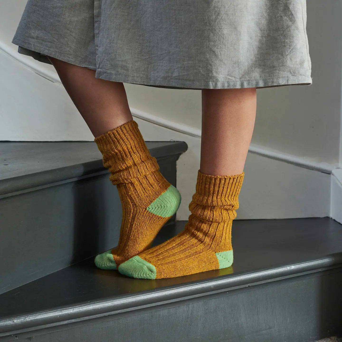 Unisex Recycled Silk Blend Ribbed Socks - Mustard & Mint - UK 4-7 - THE BRISTOL ARTISAN