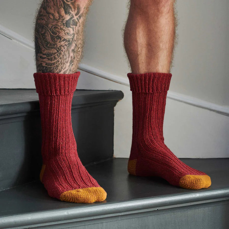 Unisex Recycled Silk Blend Ribbed Socks - Red & Ginger - 8-11 - THE BRISTOL ARTISAN
