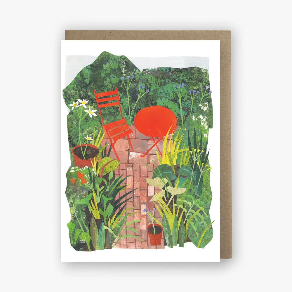 Red Table and Chairs in the Garden Collage Card - THE BRISTOL ARTISAN