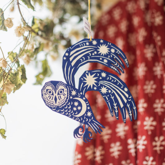 Screenprinted Wooden Decoration - Midnight Blue Owl - THE BRISTOL ARTISAN