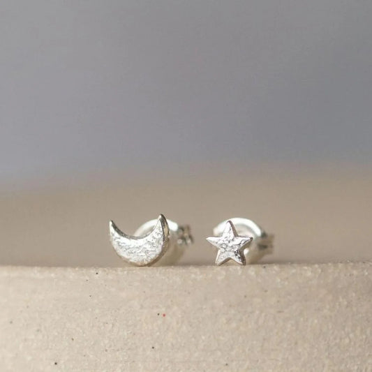 Sterling Silver Mini Studs Mismatch Moon and Star - THE BRISTOL ARTISAN
