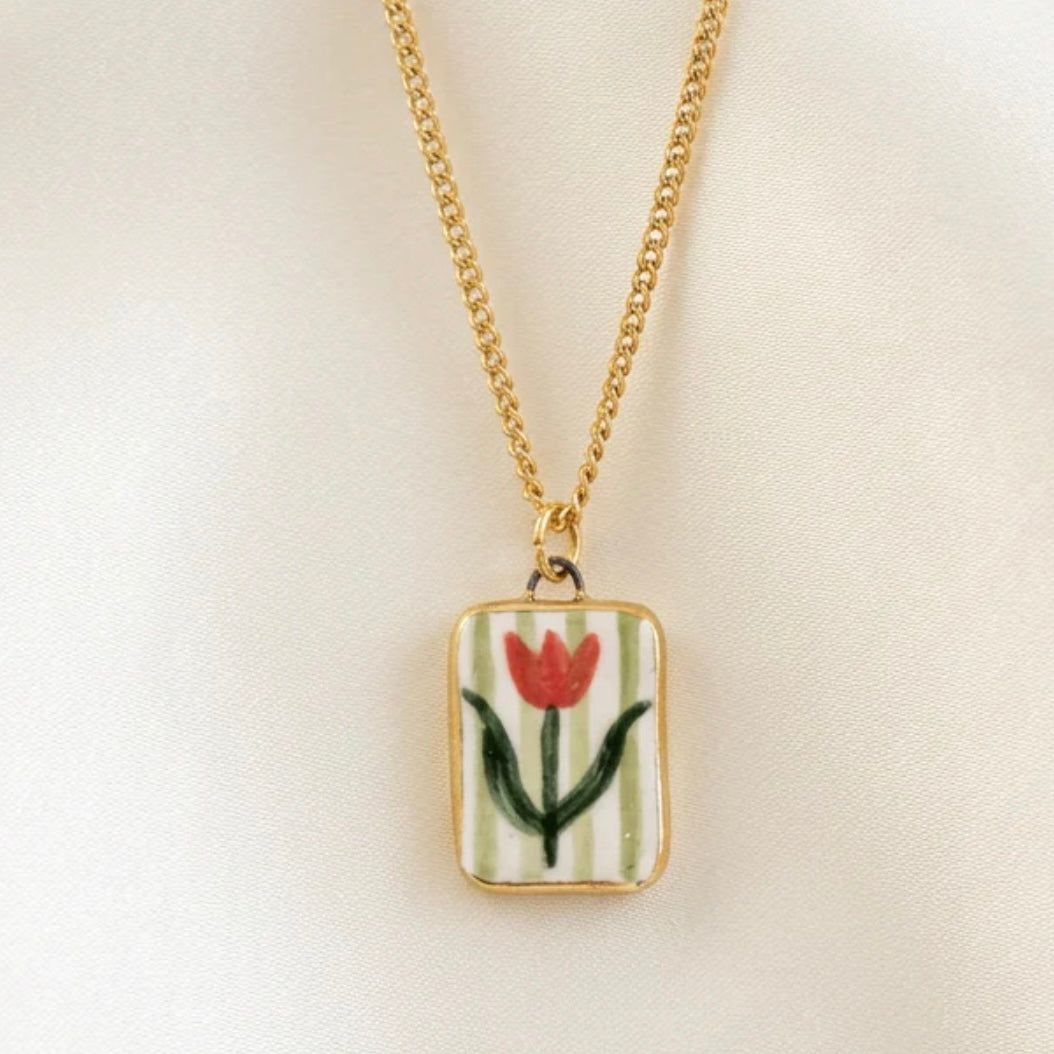 Tulip Green Stripe Ceramic Pendant Necklace - THE BRISTOL ARTISAN