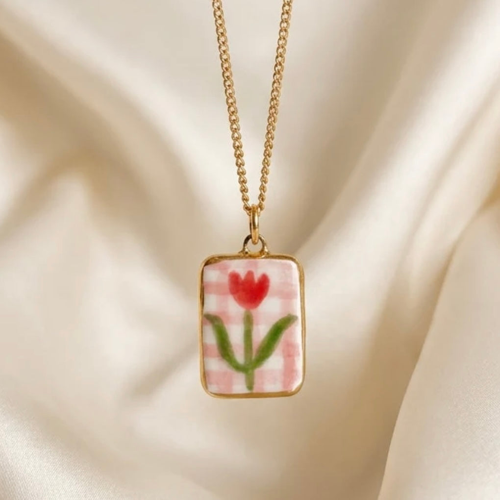 Tulip Pink Check Ceramic Pendant Necklace - THE BRISTOL ARTISAN