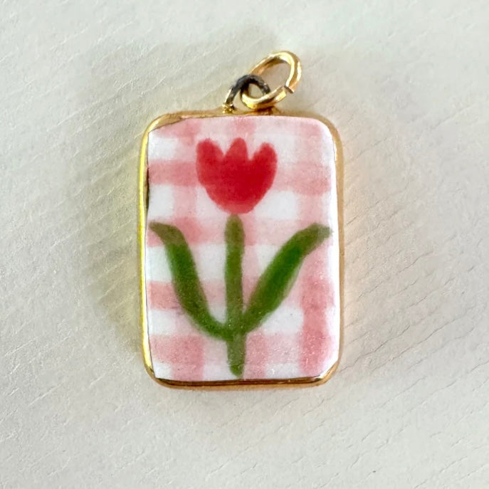 Tulip Pink Check Ceramic Pendant Necklace - THE BRISTOL ARTISAN