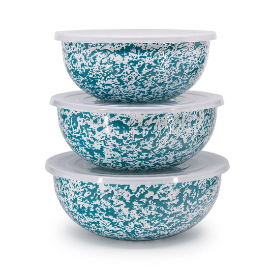 Turquoise Splatter Enamel Lidded Storage Bowl - Three sizes available - THE BRISTOL ARTISAN