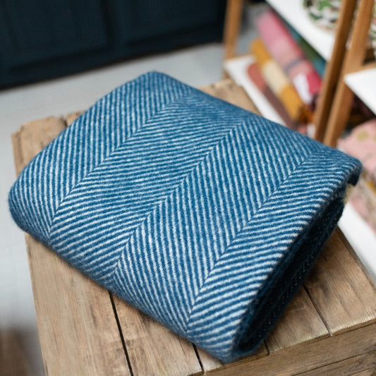 Navy Herringbone Wool Throw Blanket - THE BRISTOL ARTISAN