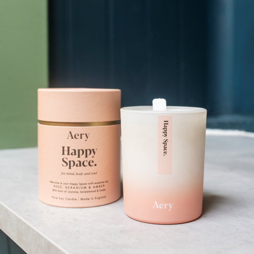 Happy Space Scented Plant Based Wax Candle - Rose Geranium and Amber - The Bristol Artisan Handmade Sustainable Gifts and Homewares.