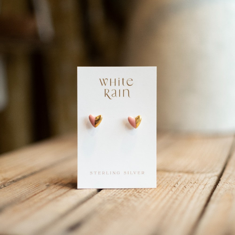 Gold/Pink Heart ceramic stud earrings - THE BRISTOL ARTISAN