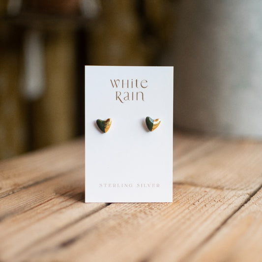 Gold/Green Heart ceramic stud earrings - The Bristol Artisan Handmade Sustainable Gifts and Homewares.