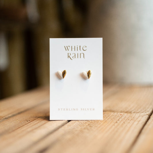 Gold/White Heart ceramic stud earrings - The Bristol Artisan Handmade Sustainable Gifts and Homewares.
