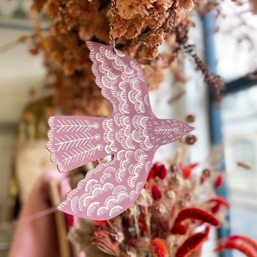 Hanging linocut Blackbird - Rose - The Bristol Artisan Handmade Sustainable Gifts and Homewares.