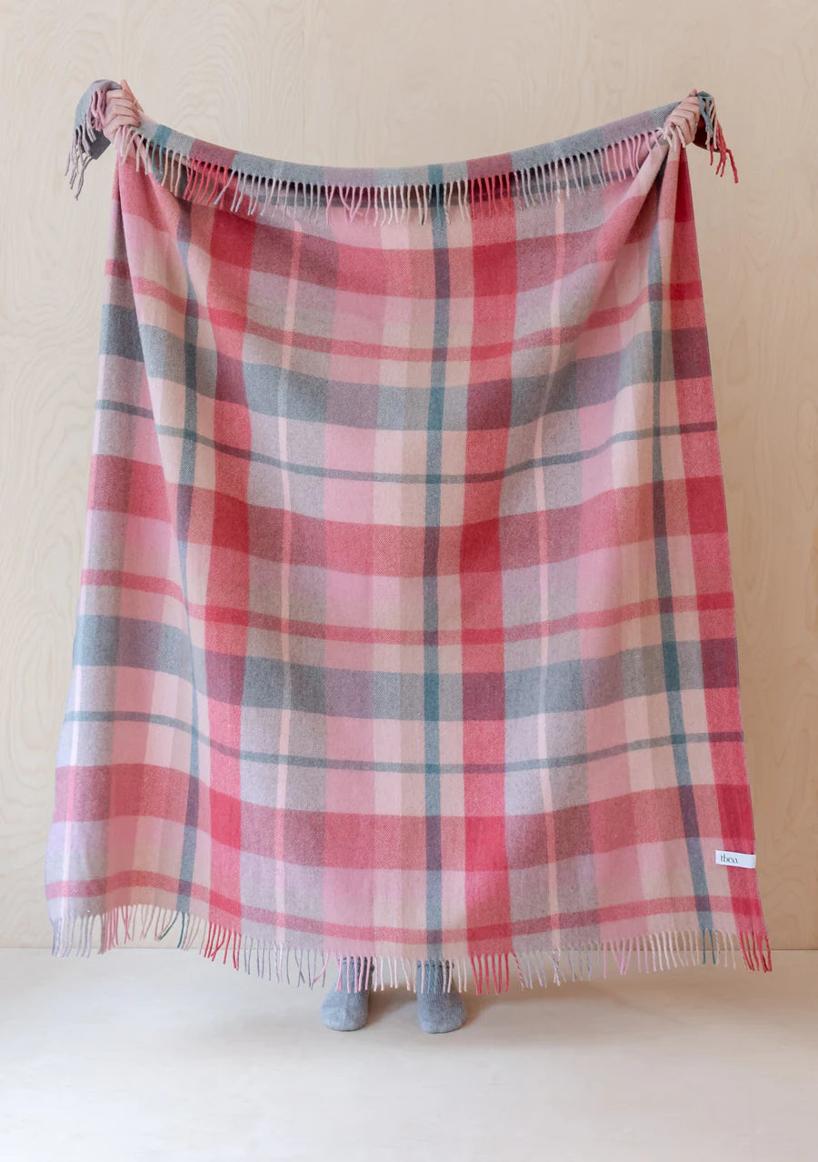 Recycled Wool Blanket in Pink Patchwork Check - The Bristol Artisan Handmade Sustainable Gifts and Homewares.