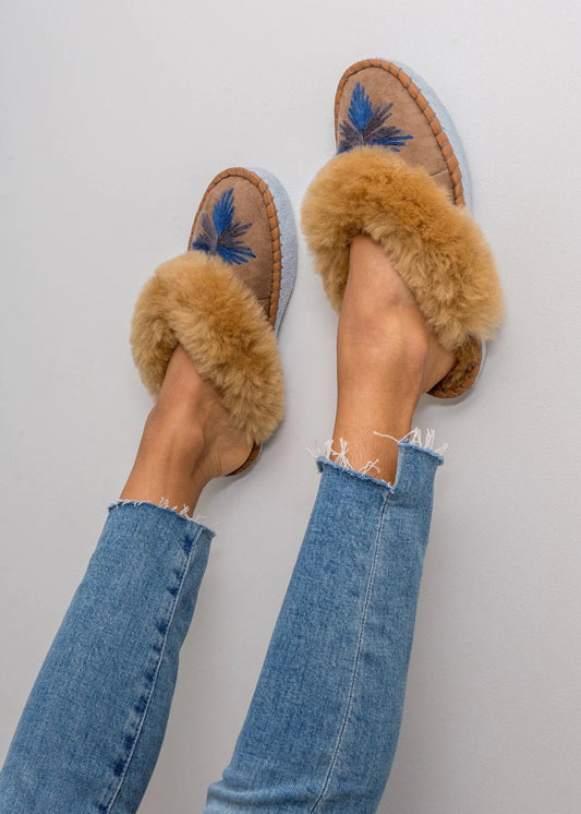 Midnight blue backless Sheepskin Mules Slippers - The Bristol Artisan Handmade Sustainable Gifts and Homewares.