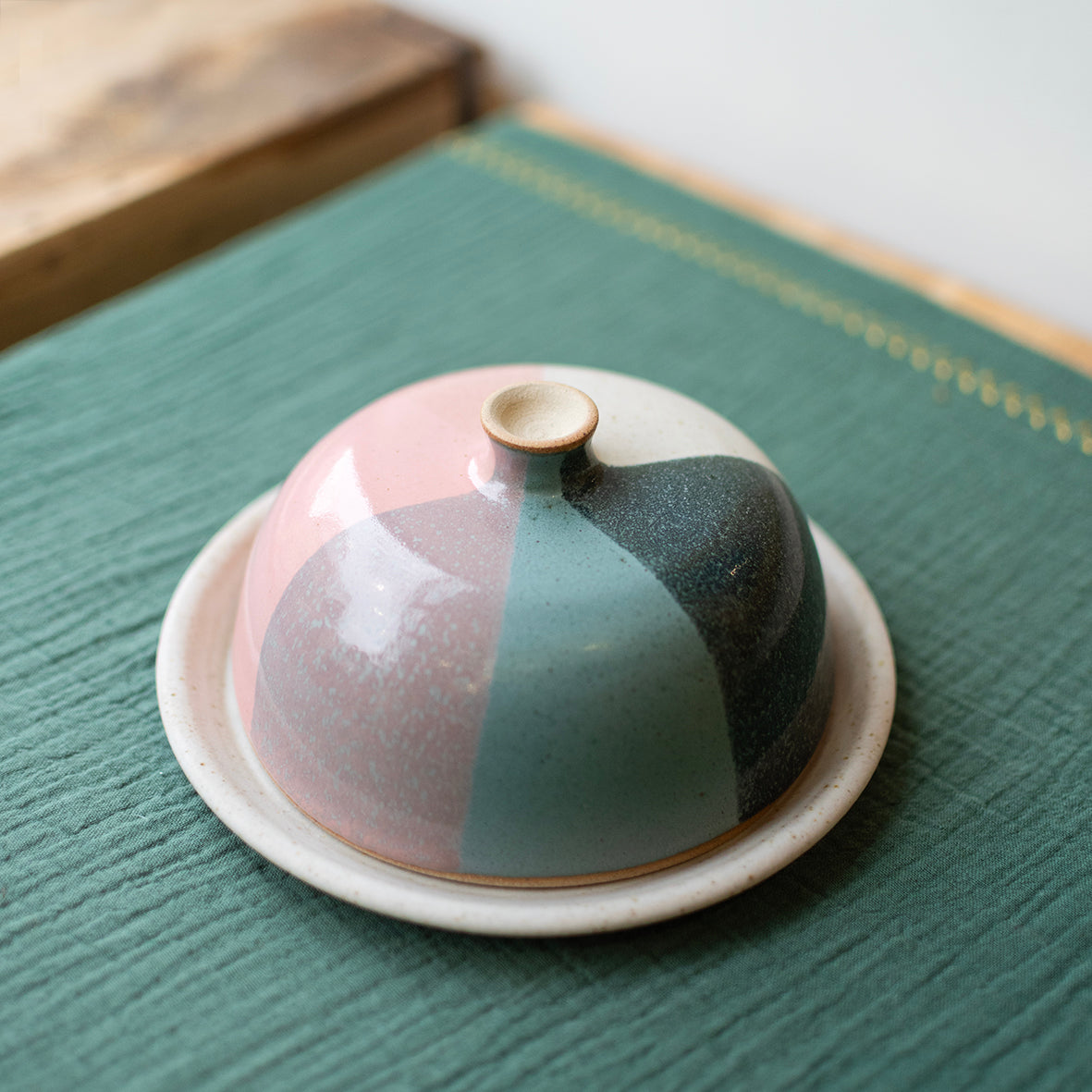 Bristol Trio Glaze Butter Dish - Jade & pink by Liz Vidal